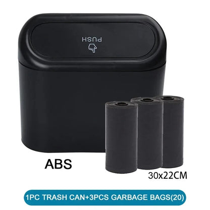 The covered car trash can contains 3 black garbage bags. The small car trash can is leak proof and miniature