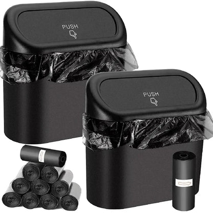 The covered car trash can contains 3 black garbage bags. The small car trash can is leak proof and miniature