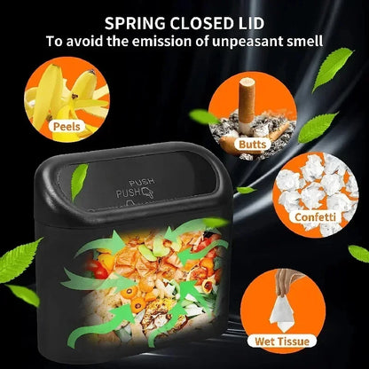 The covered car trash can contains 3 black garbage bags. The small car trash can is leak proof and miniature