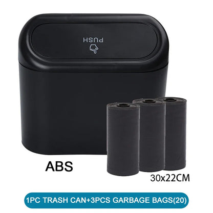 The covered car trash can contains 3 black garbage bags. The small car trash can is leak proof and miniature