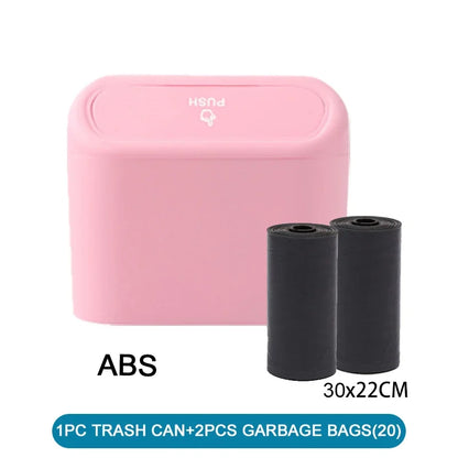 The covered car trash can contains 3 black garbage bags. The small car trash can is leak proof and miniature