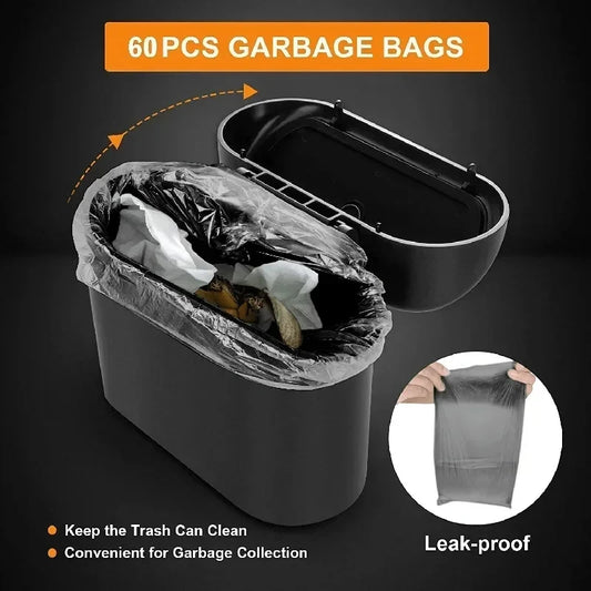 The covered car trash can contains 3 black garbage bags. The small car trash can is leak proof and miniature