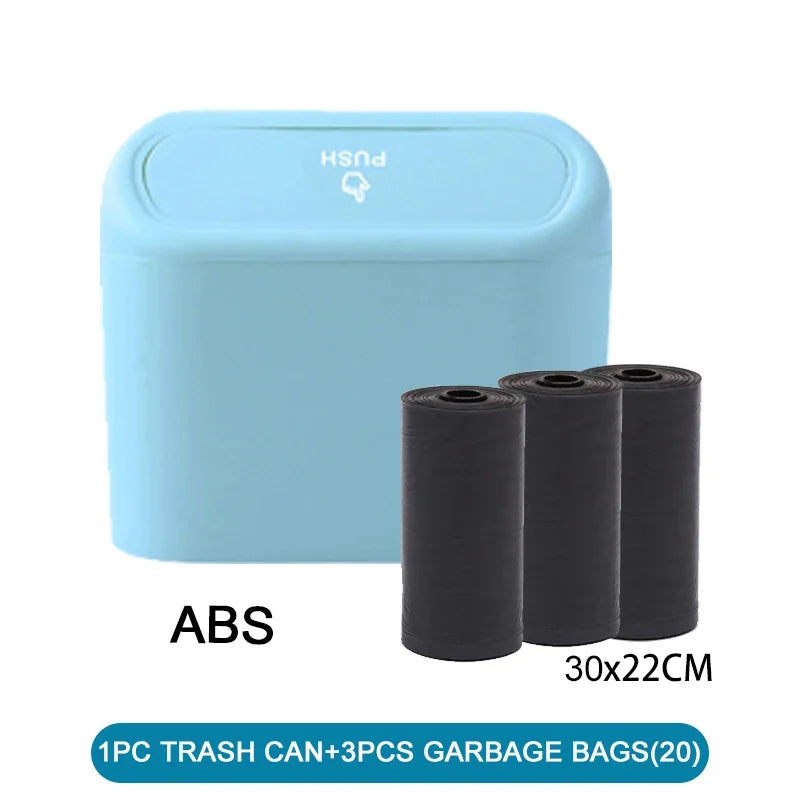The covered car trash can contains 3 black garbage bags. The small car trash can is leak proof and miniature