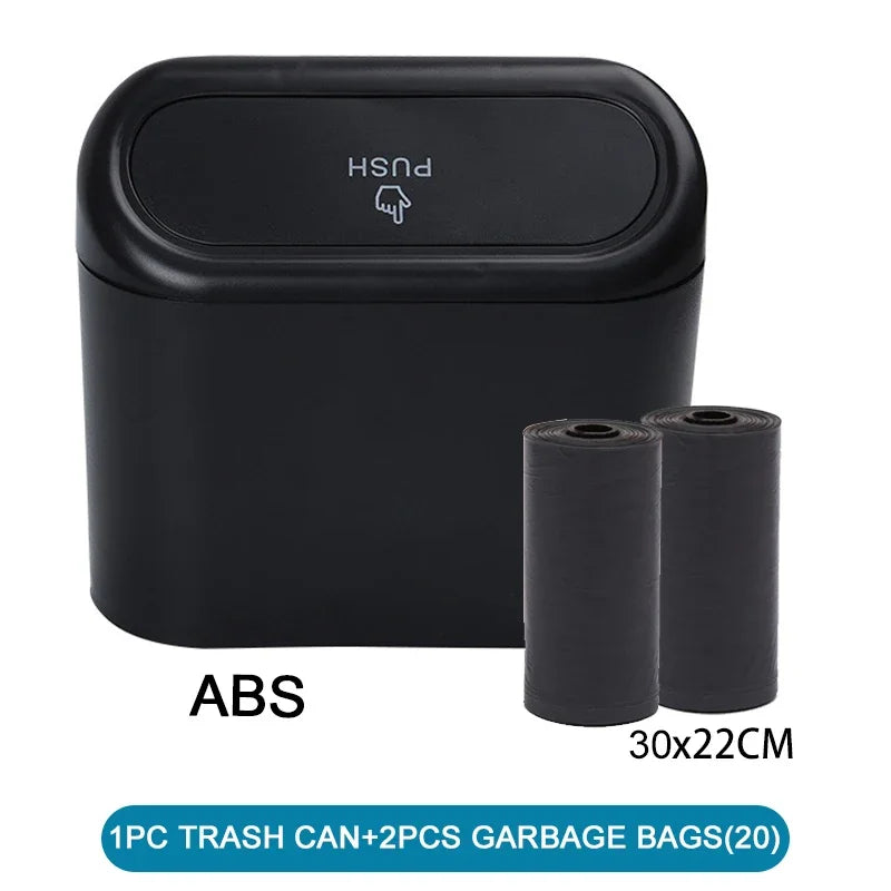 The covered car trash can contains 3 black garbage bags. The small car trash can is leak proof and miniature