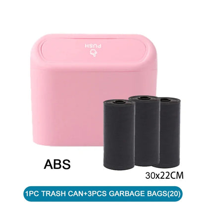 The covered car trash can contains 3 black garbage bags. The small car trash can is leak proof and miniature